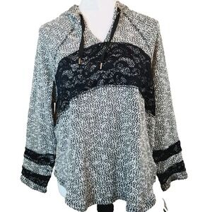 NWT‎ Skye's The Limit Womens Knit Gray Pullover Hoodie Sz Large Black Lace Top